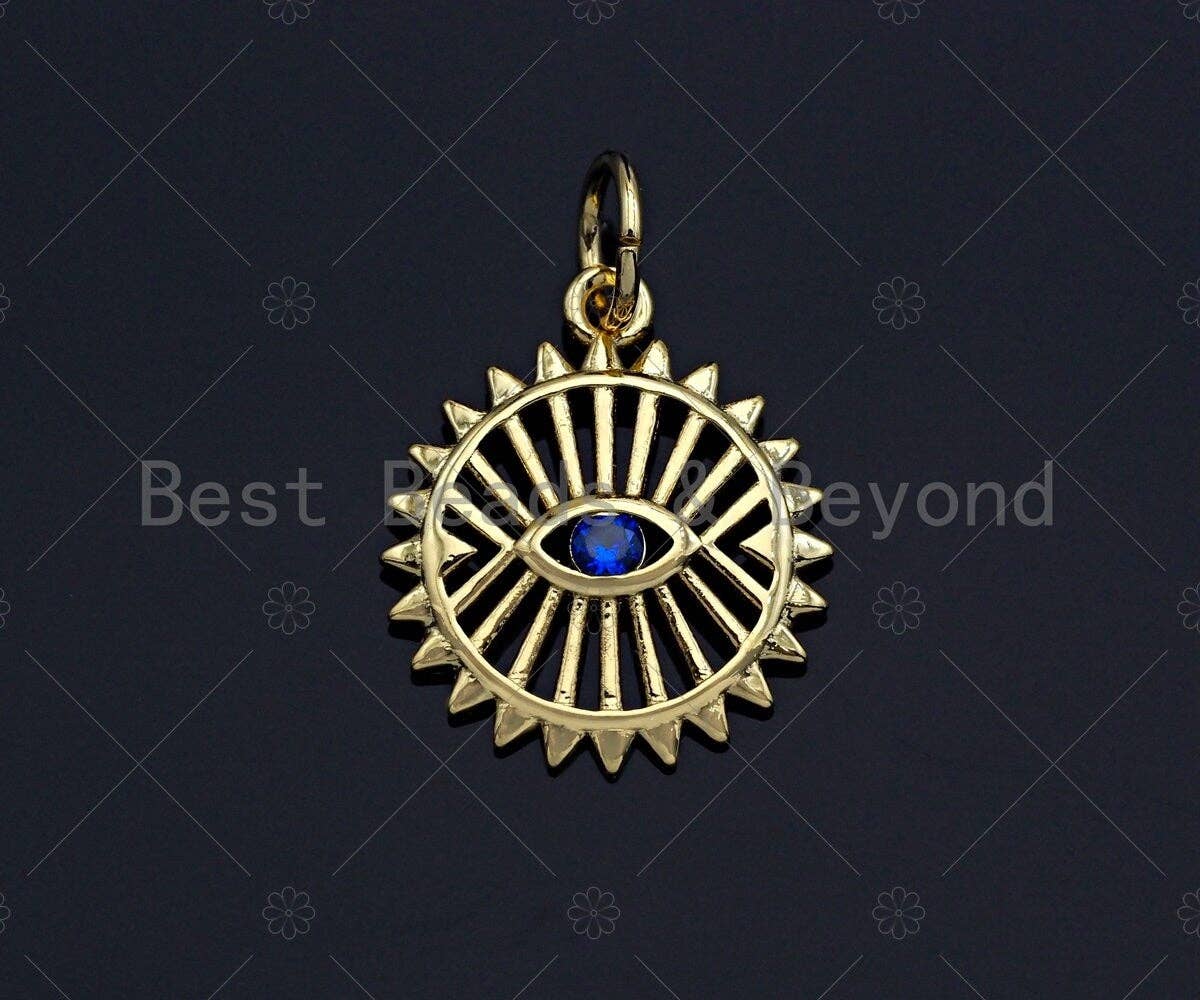 Cobalt eye CZ Micro Pave Round Charm, Gold/Silver/Rose Gold/Black Evil Eye Charm, 13x15mm, sku#Y278