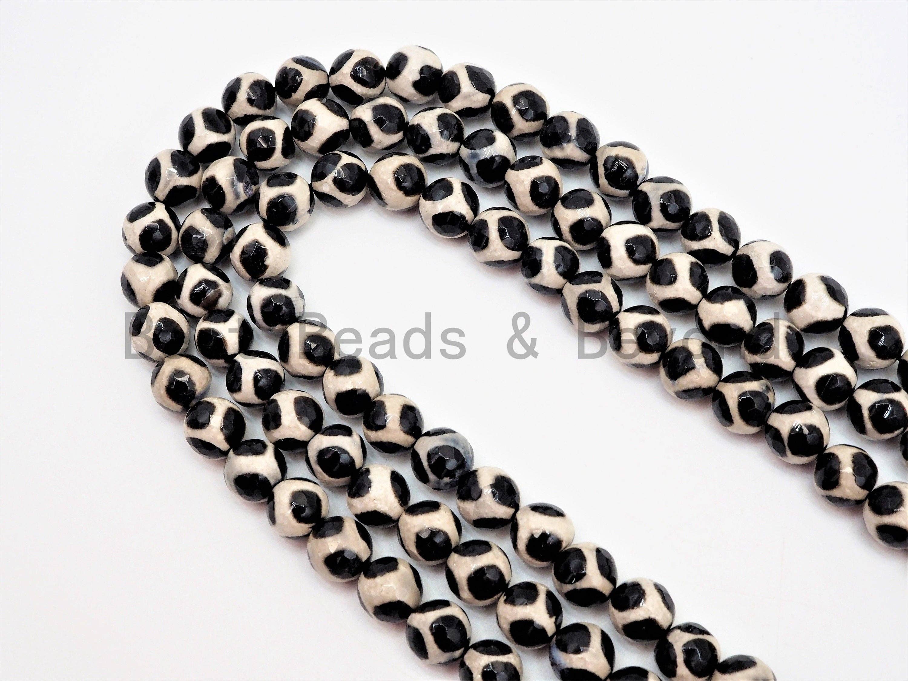 Dzi Black White Spotted Agate Round Faceted Beads, 6mm/8mm/10mm/12mm beads, Agate Gemstone Beads, 15.5inch strand, SKU#U340