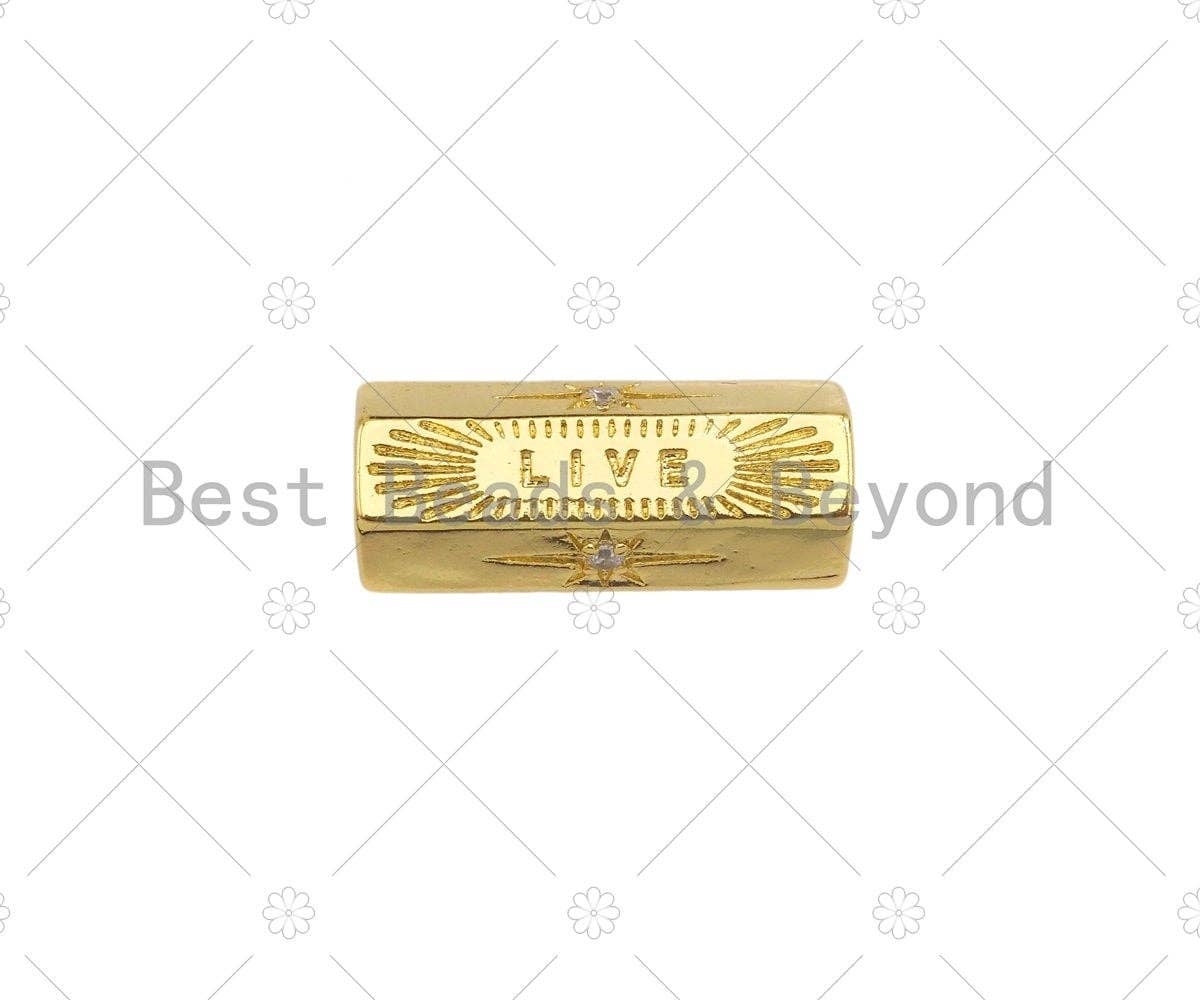 18K Dainty Gold  Live Word North Star On Hexagon Shape Large Hole Tube Spacer Beads,Drum Barrel Beads, Clear CZ Tube Spacer,8x21mm, Sku#Y414