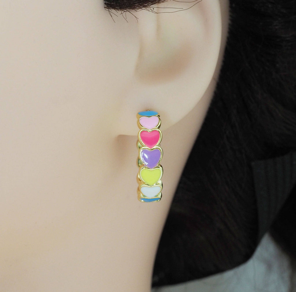 Colorful Enamel String Hearts Hoop Earrings, Sku#J374