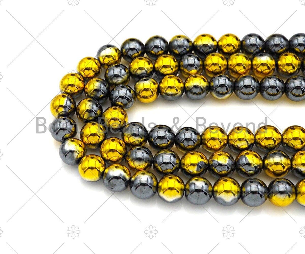 NEW!!! Half Gold Plated Natural Hematite Round Smooth  Beads, 4mm/6mm/8mm Gold Black Hematite Beads,15.5'' Full Strand, Sku#S134