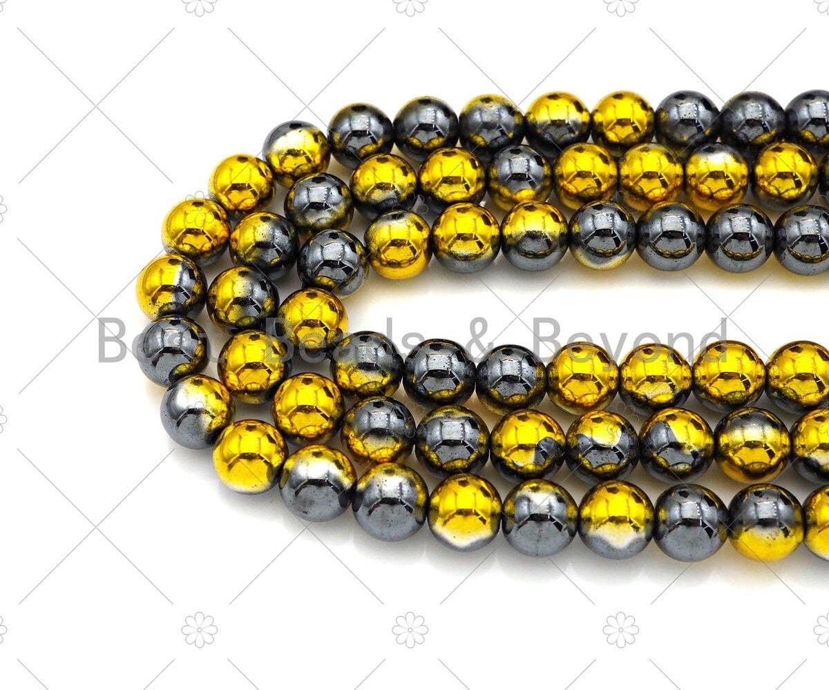 NEW!!! Half Gold Plated Natural Hematite Round Smooth  Beads, 4mm/6mm/8mm Gold Black Hematite Beads,15.5'' Full Strand, Sku#S134