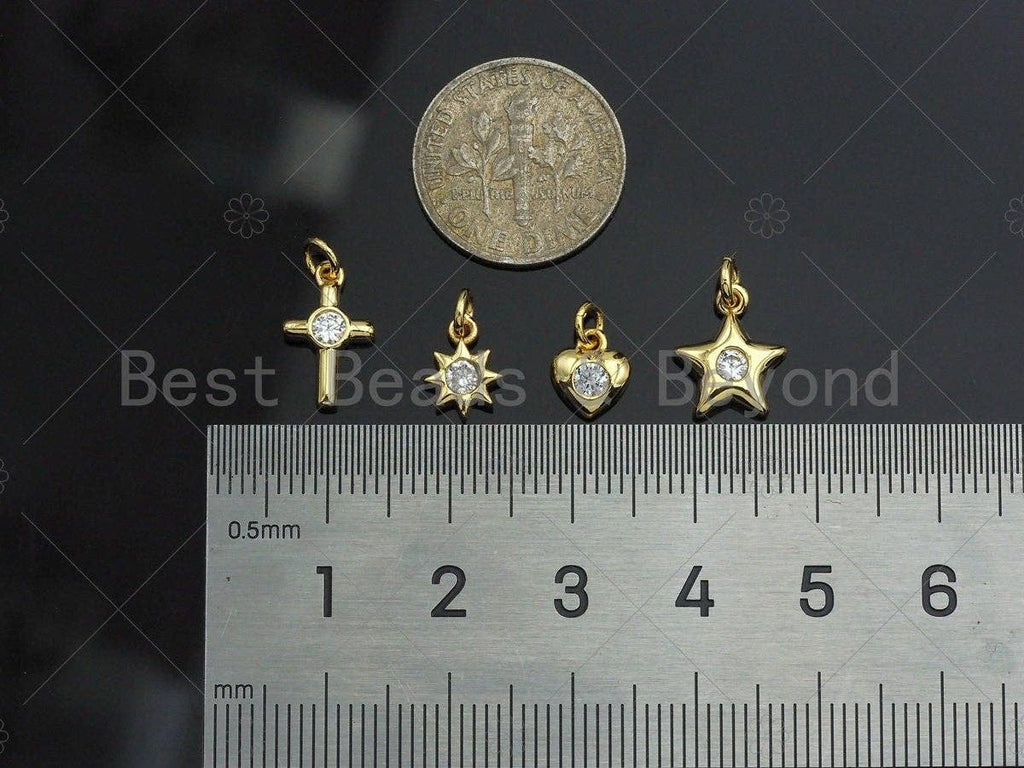 Dainty CZ Micro Pave Star Sun Cross Heart Shape Charm/Pendant, Diamond Gold Plated Charm, Gold Pendant, Gold plated charm, Sku#JL13