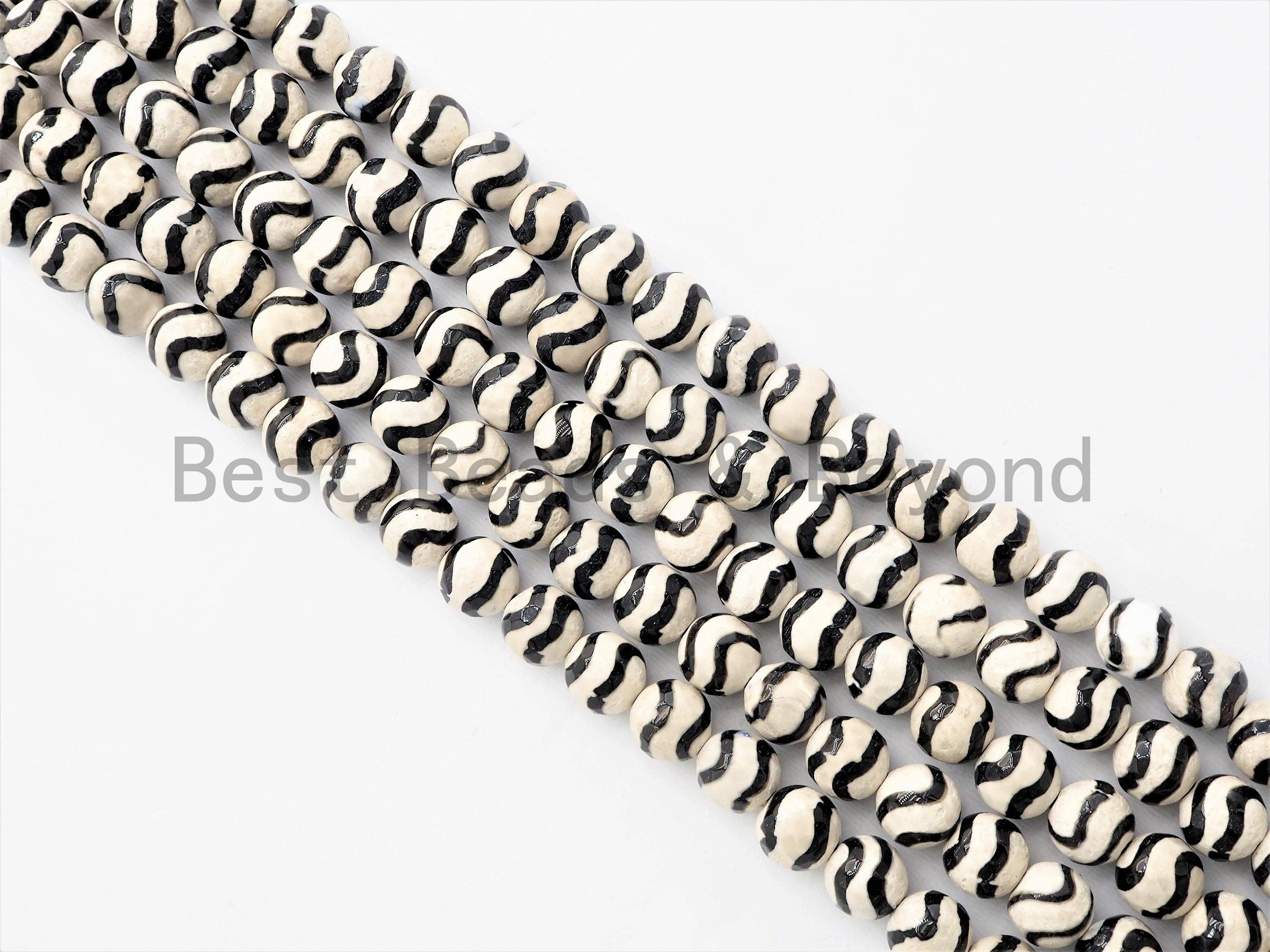 Dzi Black Band Faceted Round Beads,  Zebra Striped Tibetan A