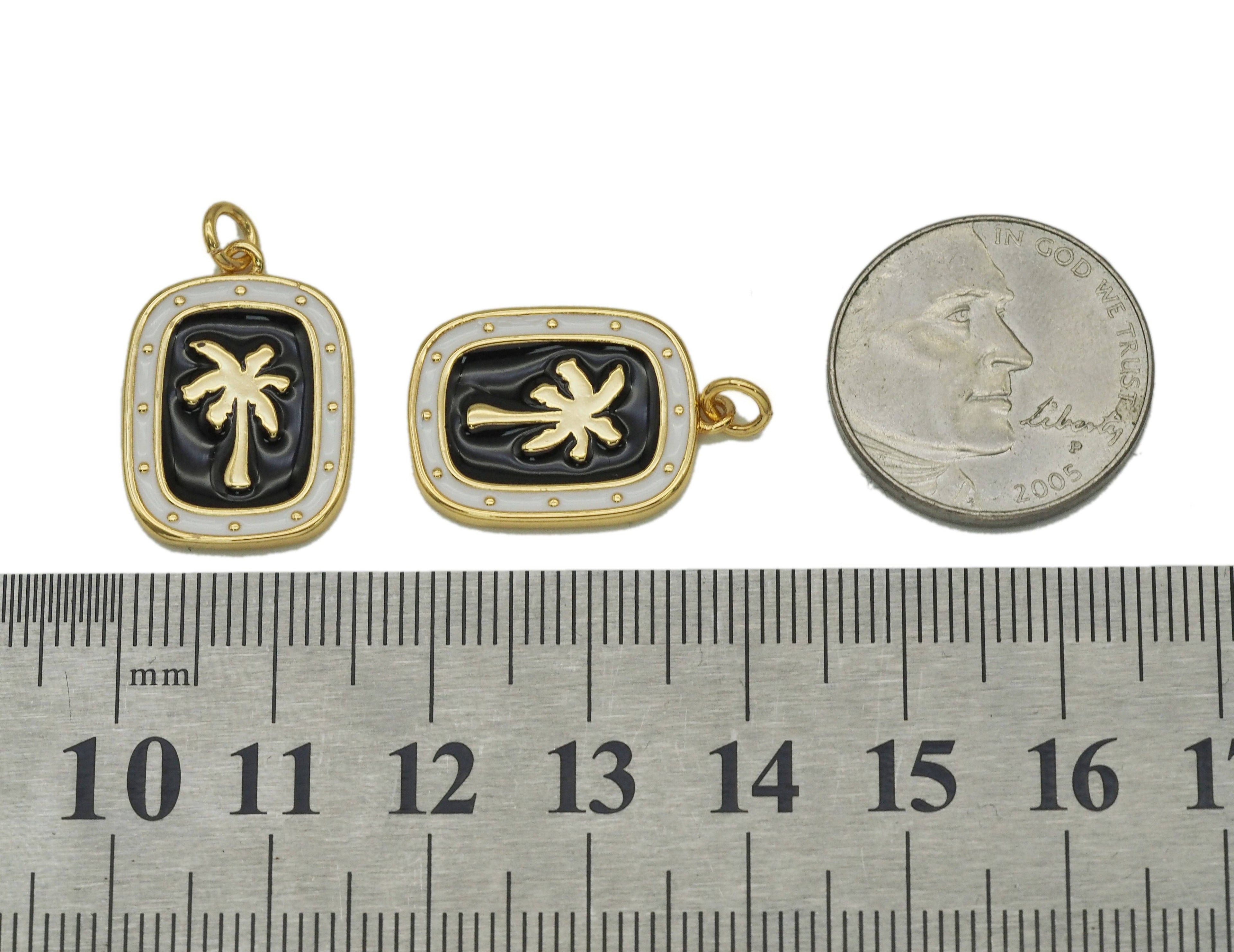 Gold Enamel Coconut Tree On Rectangle Charm, Sku#Z1455