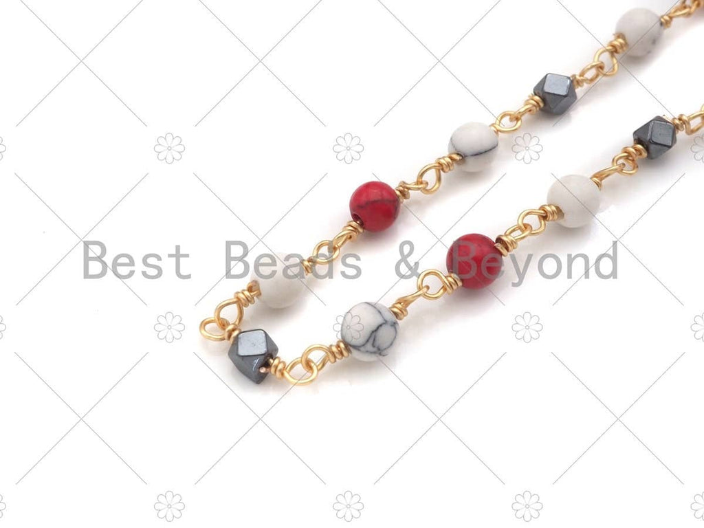 1 Foot/Yard- 4mm round beads with 3mm hexagon gold silver spacer Rosary Chain- Brass Wire Wrapped Gold Plated Chain- Link Findings, sku#V66