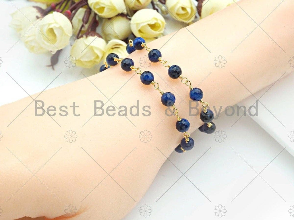 Mystic Blue Agate Faceted Navy Blue Tiger Eye Rosary Chain, 6mm Beaded Chain, Wire Wrapped Gold Chain,Sku#V91
