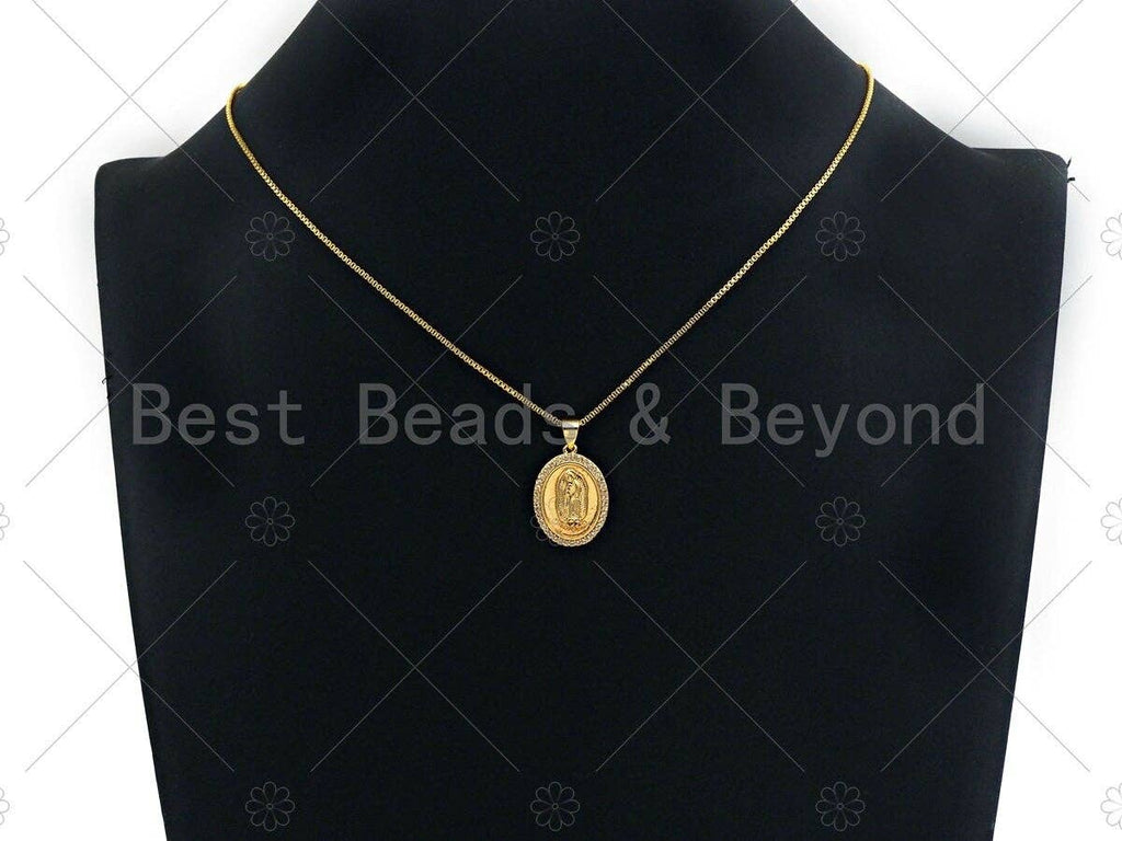 18K Gold Virgin Mary On Oval Emblem Shape Pendant, Oval Charm, Virgin Mary Pave Pendant, Dainty Gold Charm,21x15mm, Sku#F1154