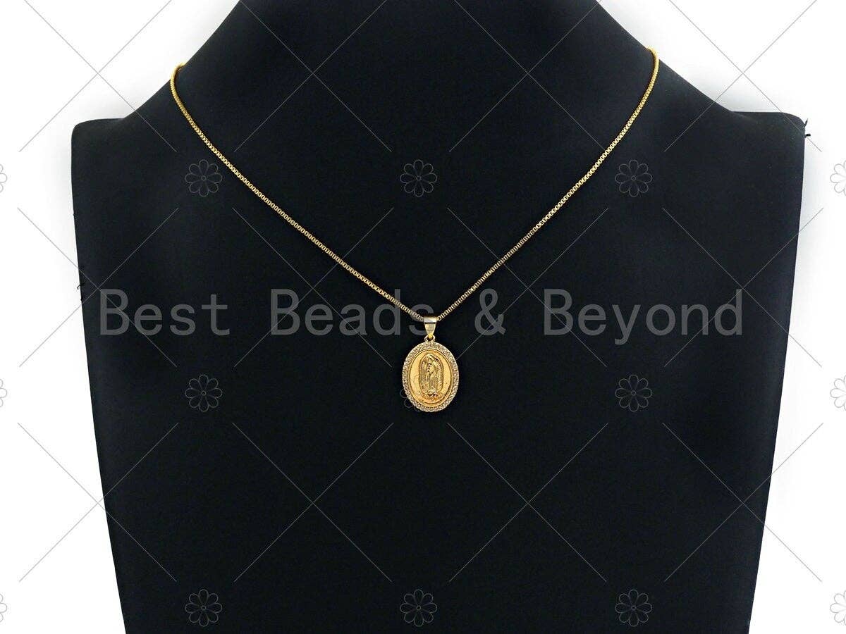 18K Gold Virgin Mary On Oval Emblem Shape Pendant, Oval Charm, Virgin Mary Pave Pendant, Dainty Gold Charm,21x15mm, Sku#F1154