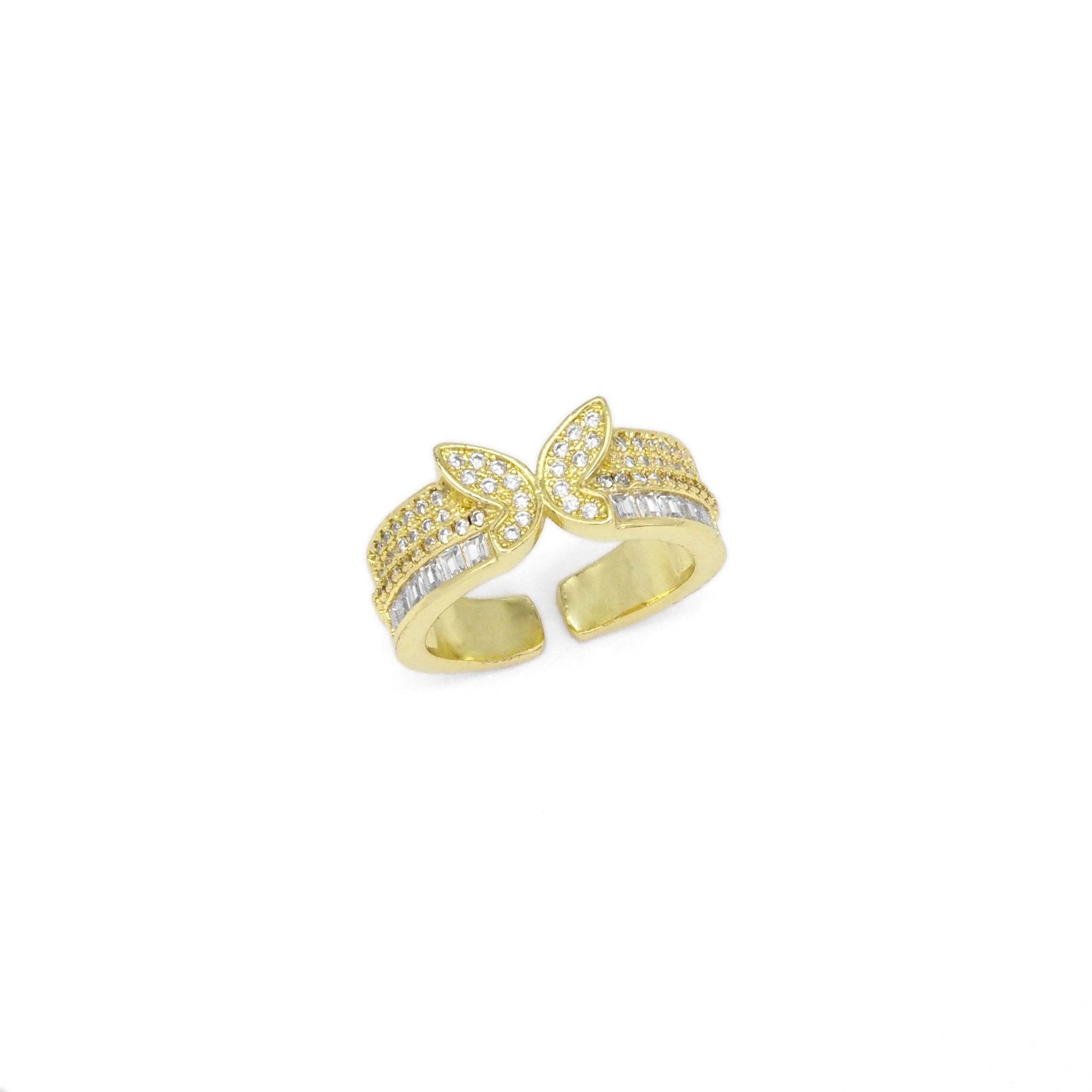 Gold CLear CZ Butterfly Thick Band Adjustable Ring, Sku#LD431
