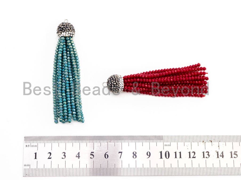 Crystal Beaded Tassel Pendants,Glass Crystal Beads,Pave CZ Rhinestone Cap, Tassel Necklace Enhancer, 3'' long, Sku#B67