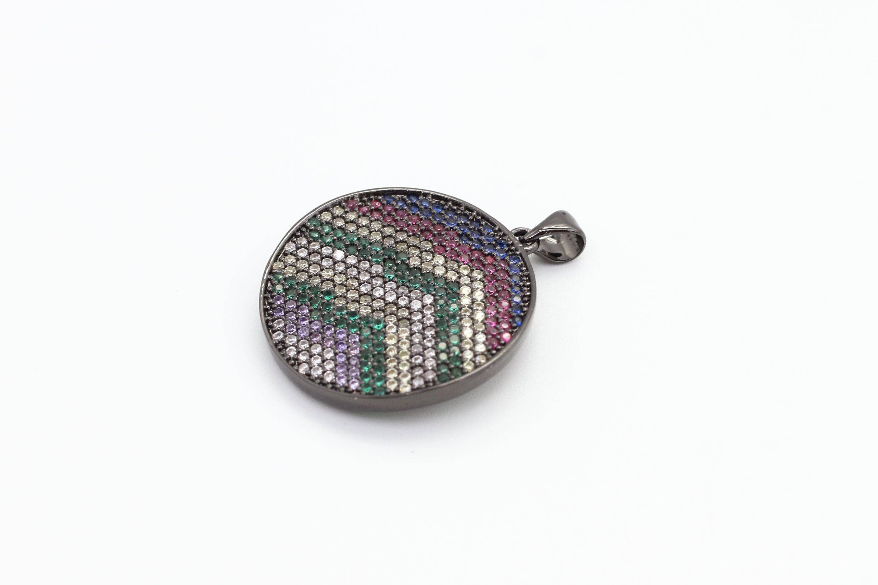 CZ Micro Pave Mixed Color Zigzag Round Disc Pendant, Cubic Zirconia Necklace Pendant, 25x31mm, sku#F3