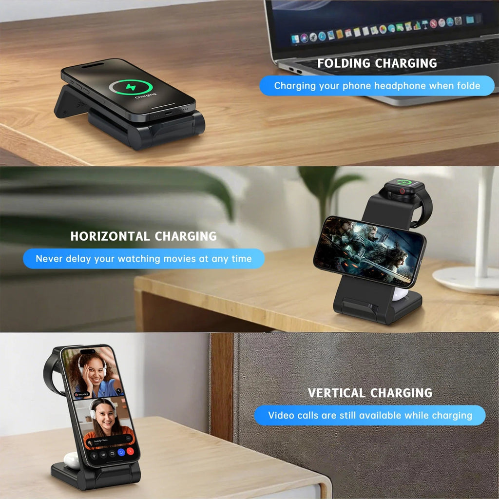 2025 3-in-1 Wireless Fast Charger - Travel Charging Station for iPhone 17-13, Apple Watch & AirPods - Perfect Gift for Home & Office