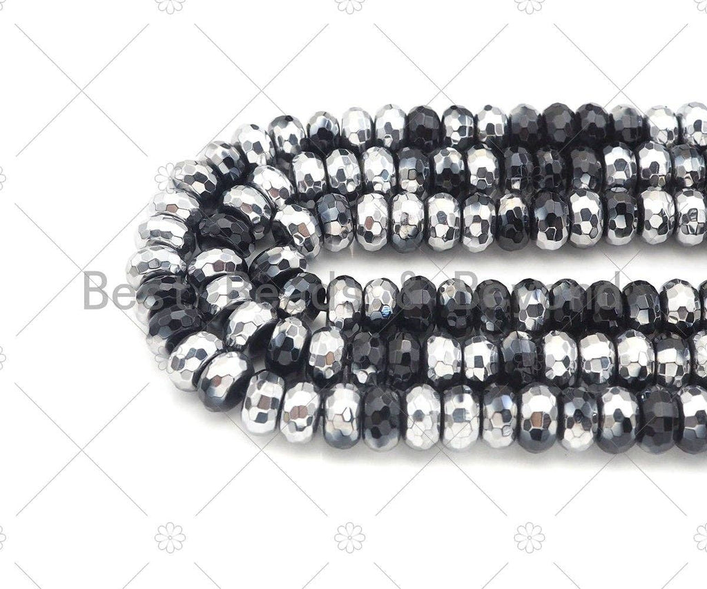 New!!! Half Silver Plated Natural Black Onyx Faceted Rondelle Beads, 4x6mm/5x8mm/6x10mm Black Onyx, 15.5'' Full Strand, Sku#UA213