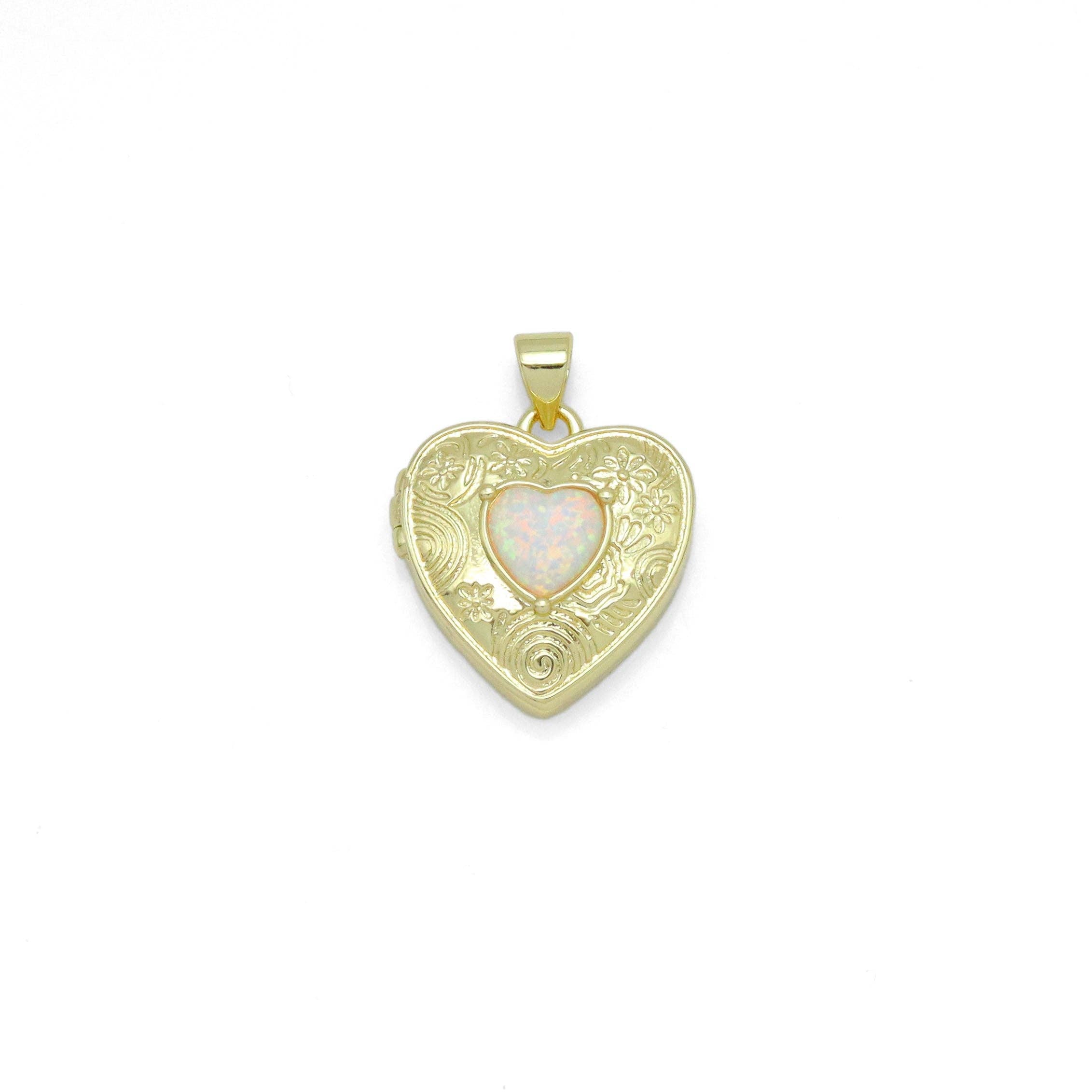 Gold Opal Heart Locket Charm Pendant, Sku#LX689