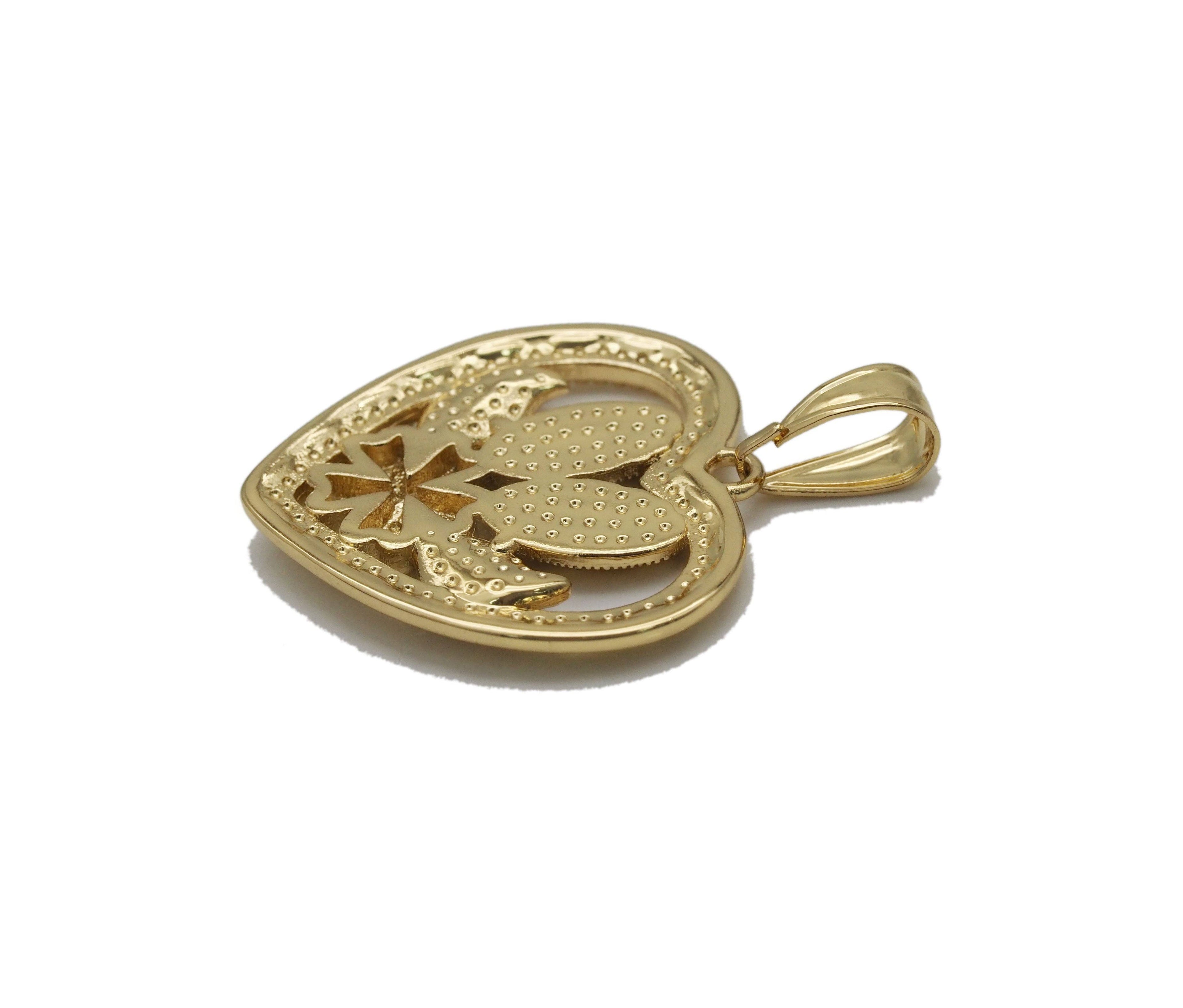 Gold CZ Virgin Mary Baby Jesus Flower Heart Charm, Sku#LK708