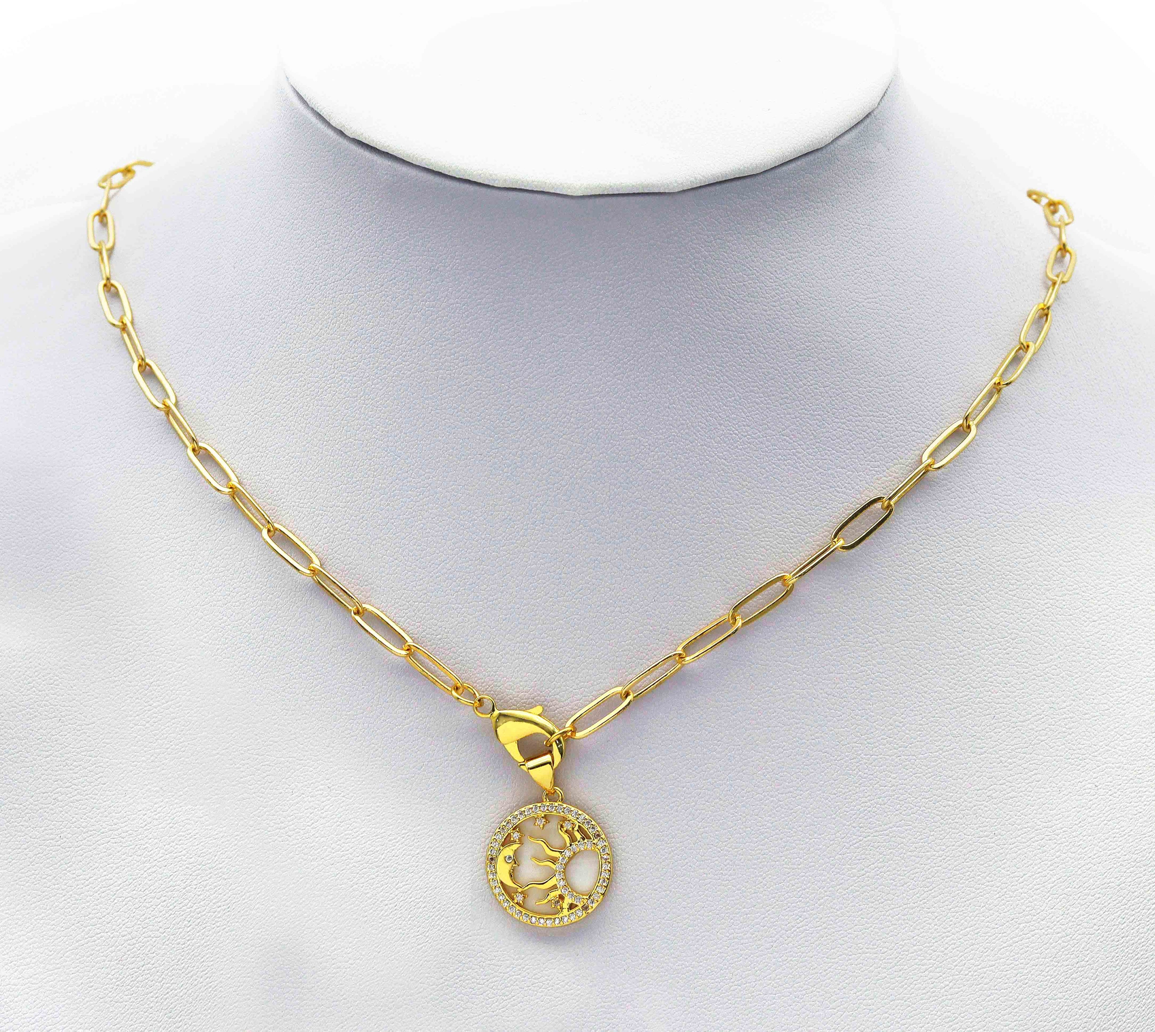Paperclip Chain Necklace with Stone Sun Moon Charm, Sku#CL28