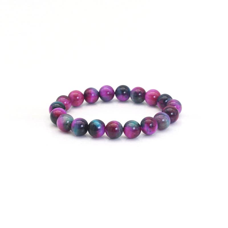 Fuchsia Blue Tiger Eye Round Stretchy Bracelet, Sku#EF436