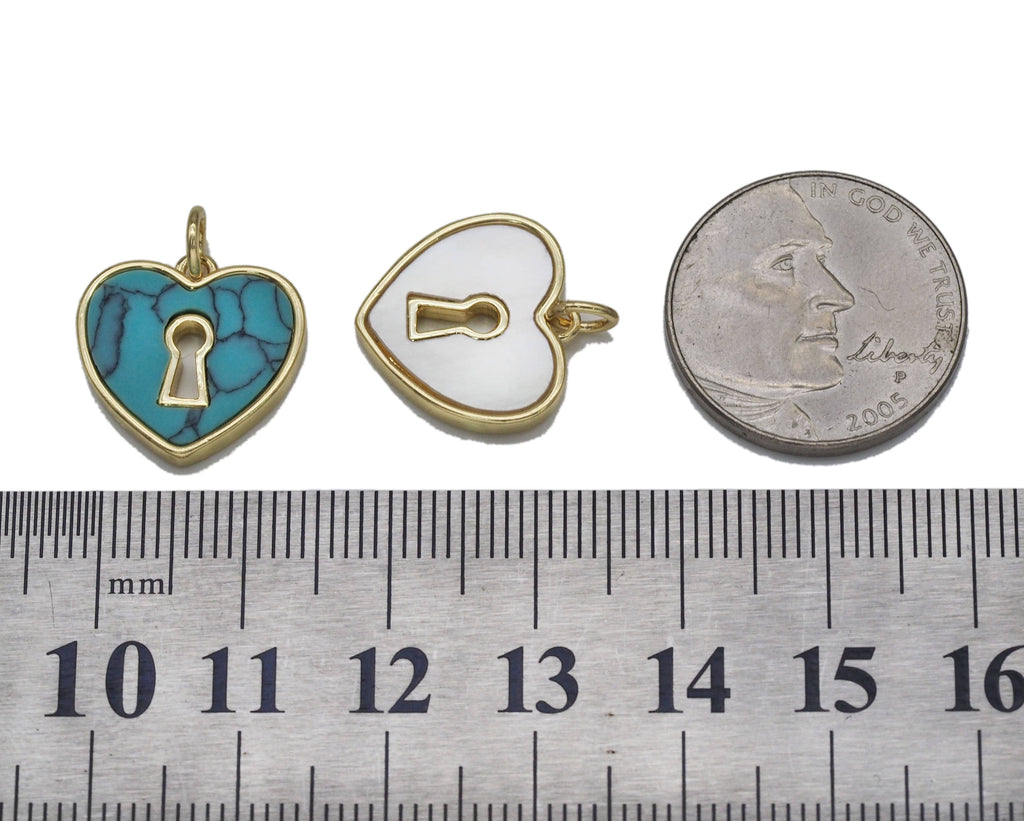 Gold Turquoise MOP Hollow Out Heart Charm, Sku#L703