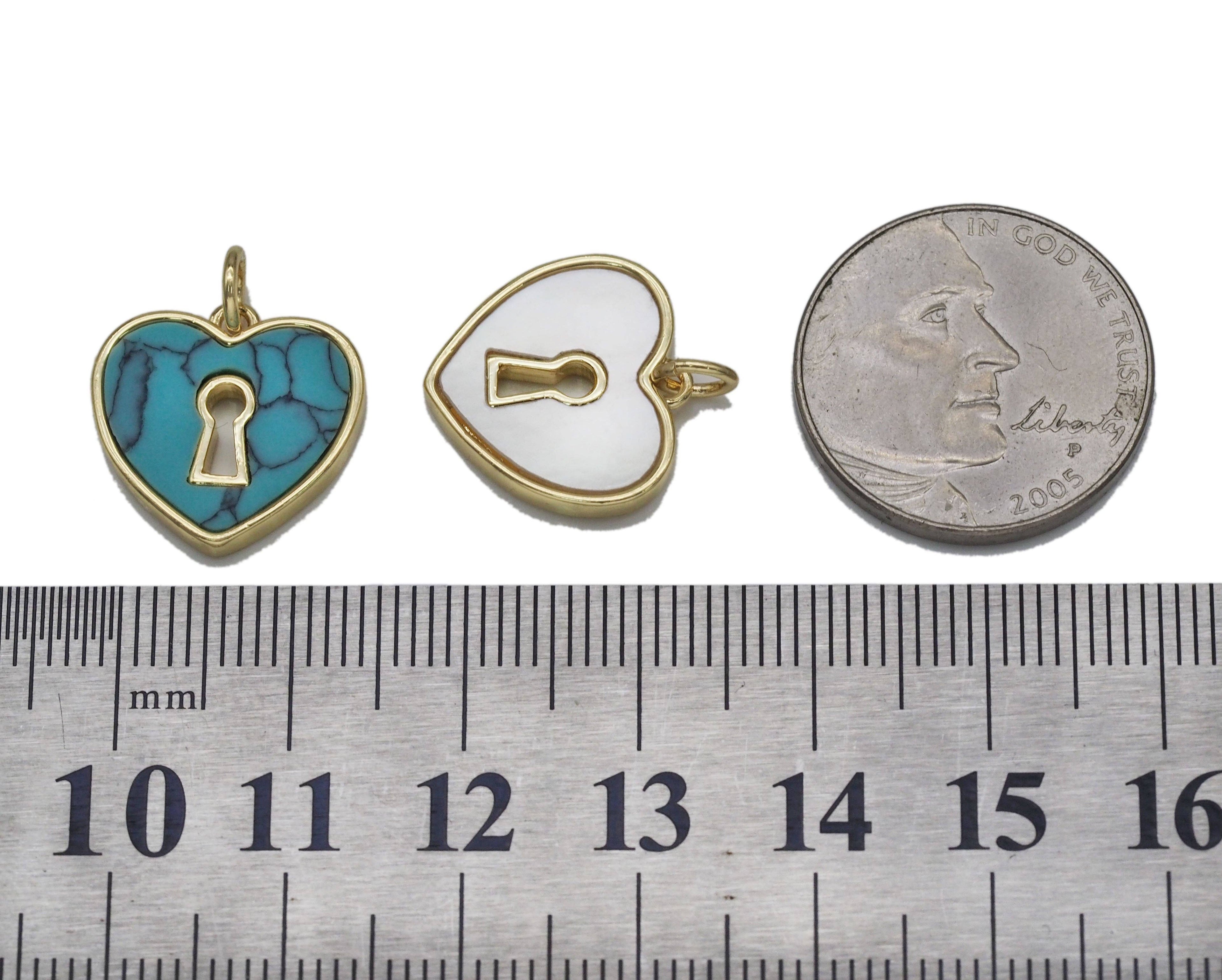 Gold Turquoise MOP Hollow Out Heart Charm, Sku#L703