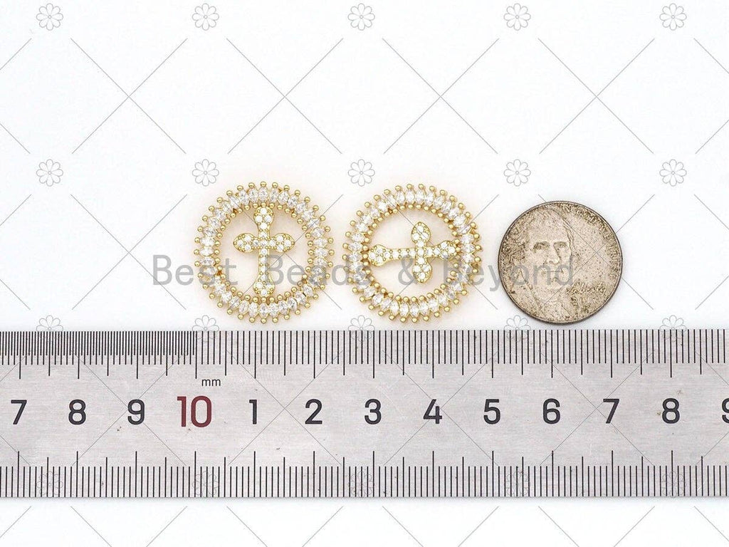 Baguette CZ Cross Coin Pendant,18K Gold Filled Cross Charm,Sku#LK461