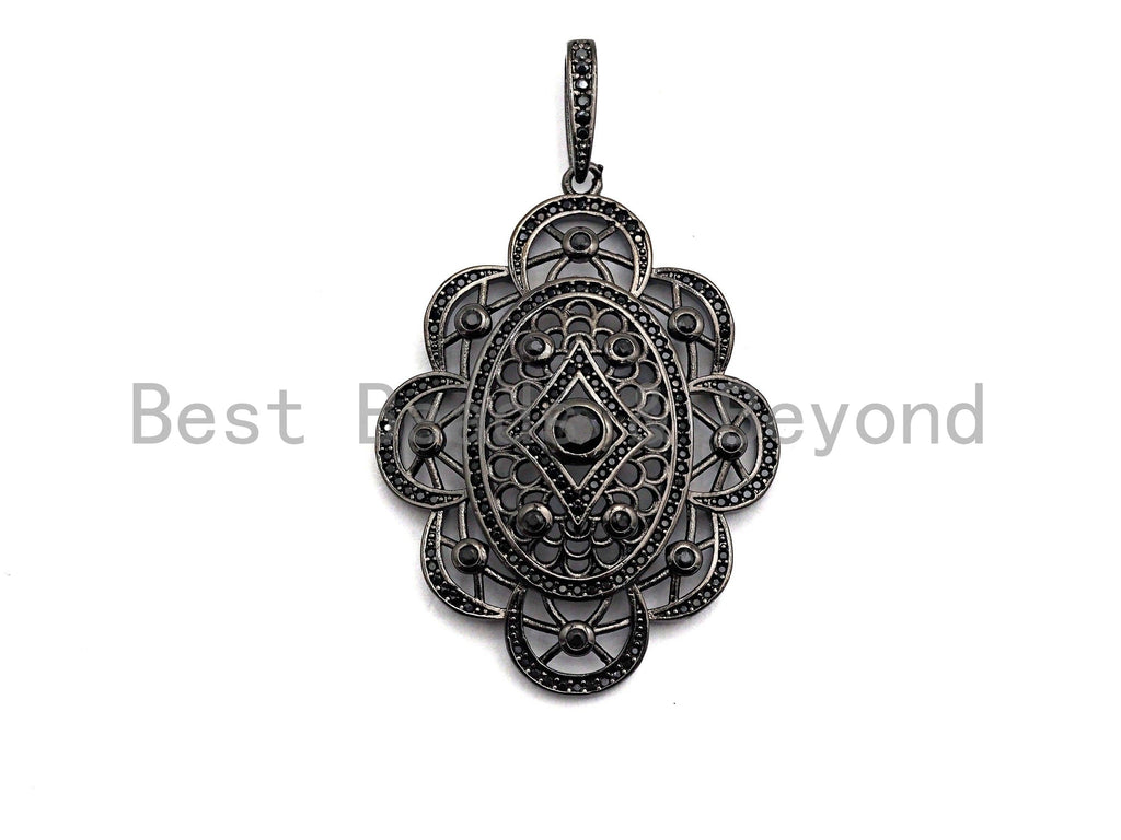 CZ Clear/Black Micro Pave Symmetric Filigree Flower Pendant, Gold/Rose Gold/Silver/Gunmetal plated, 34x45mm, Sku#F787