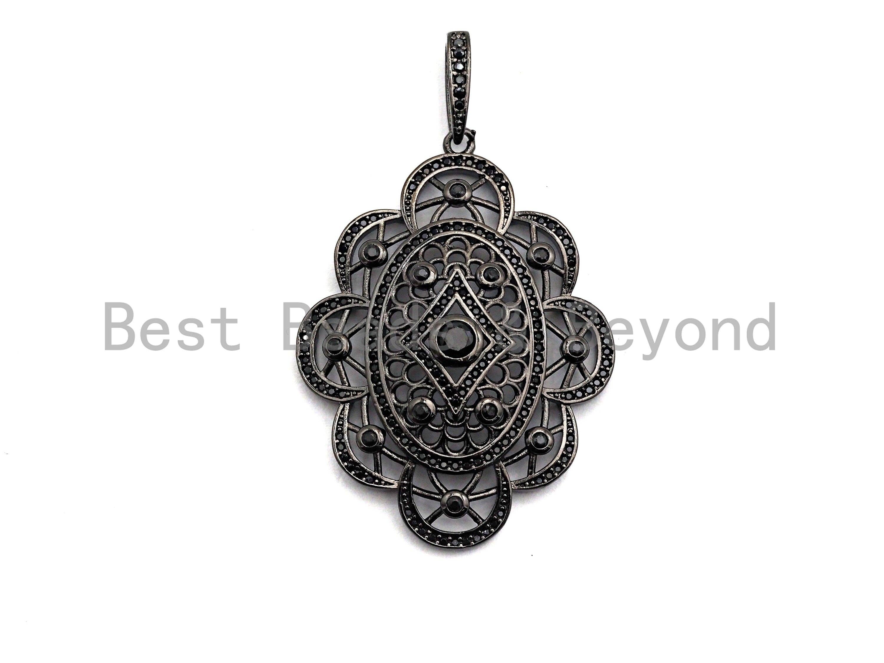 CZ Clear/Black Micro Pave Symmetric Filigree Flower Pendant, Gold/Rose Gold/Silver/Gunmetal plated, 34x45mm, Sku#F787