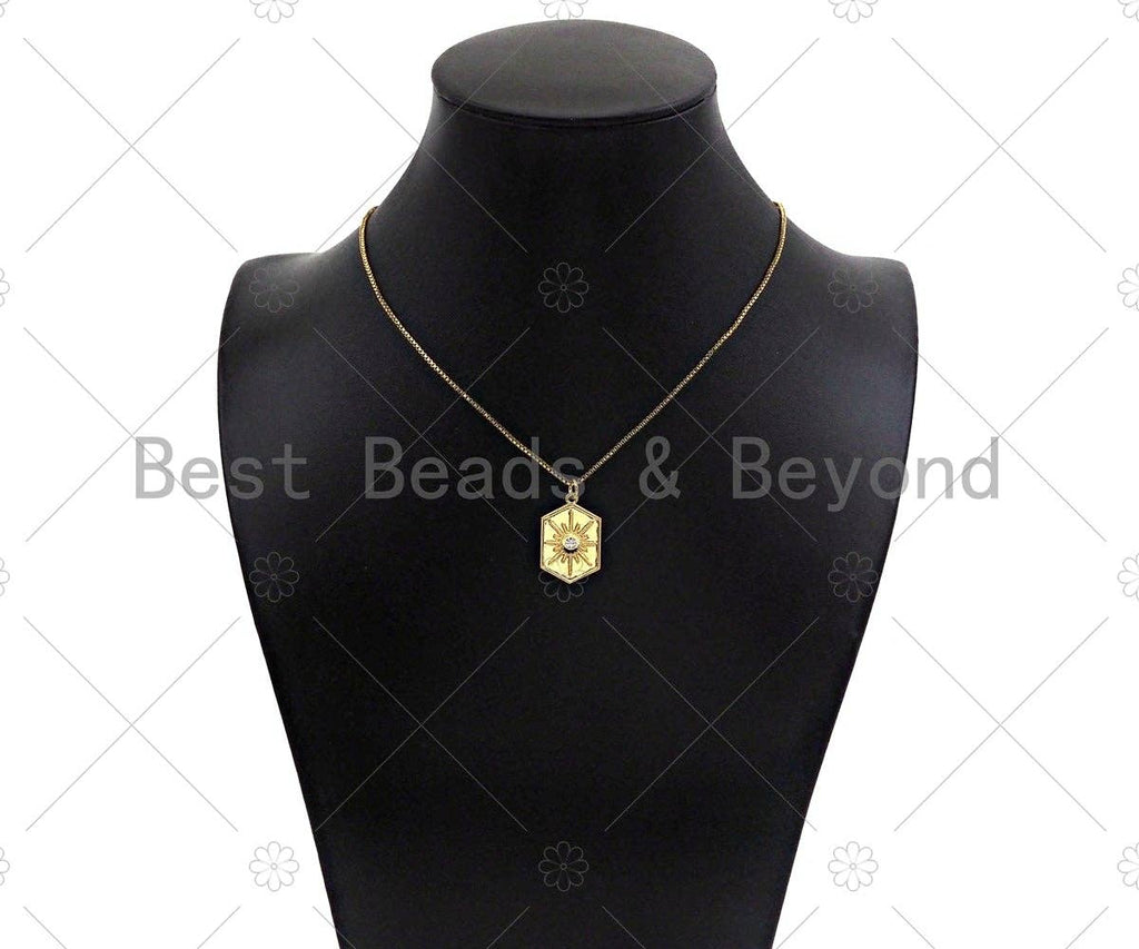 CZ Micro Pave Radial Star On Hexagon Shape Pendant, 18K Gold Medallion Charm, Necklace Bracelet Charm Pendant, 23x15mm,Sku#Y435