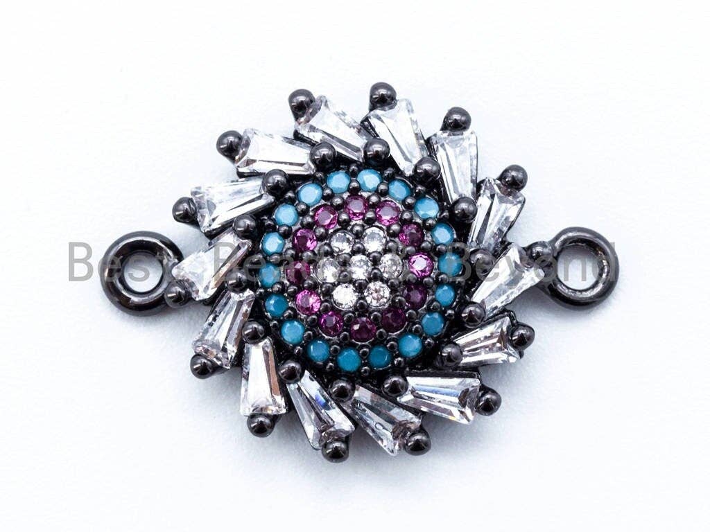 CZ Micro Pave Sparkly Sunflower Charm, Cubic Zirconia Evil Eye Space Connector, Rose gold/Gold/Silver/Black Finish, 15x20mm, sku#E212