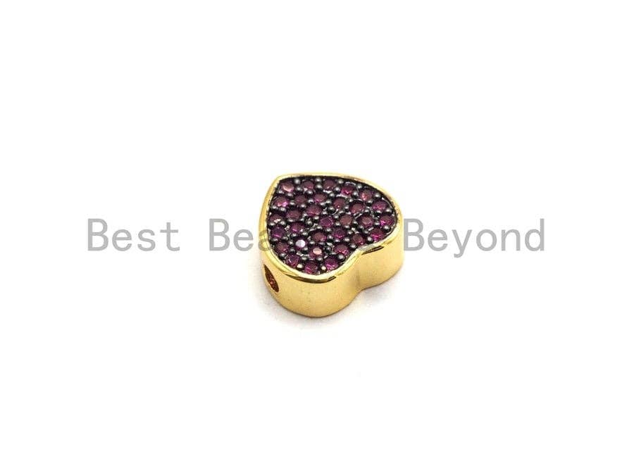9x4mm Colored CZ Micro Pave Heart Shape Spacer Beads, Fuchsia/Turquoise/Cobalt/Black/Green CZ Gold Plated Beads, Bracelet Beads,sku#E448