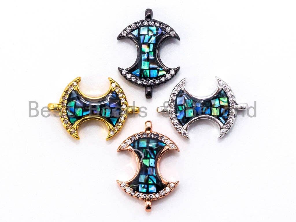 CZ Micro Pave Abalone Double Fan Connector, Cubic Zirconia Space Connector, 14x20mm, 1pc,SKU#E331