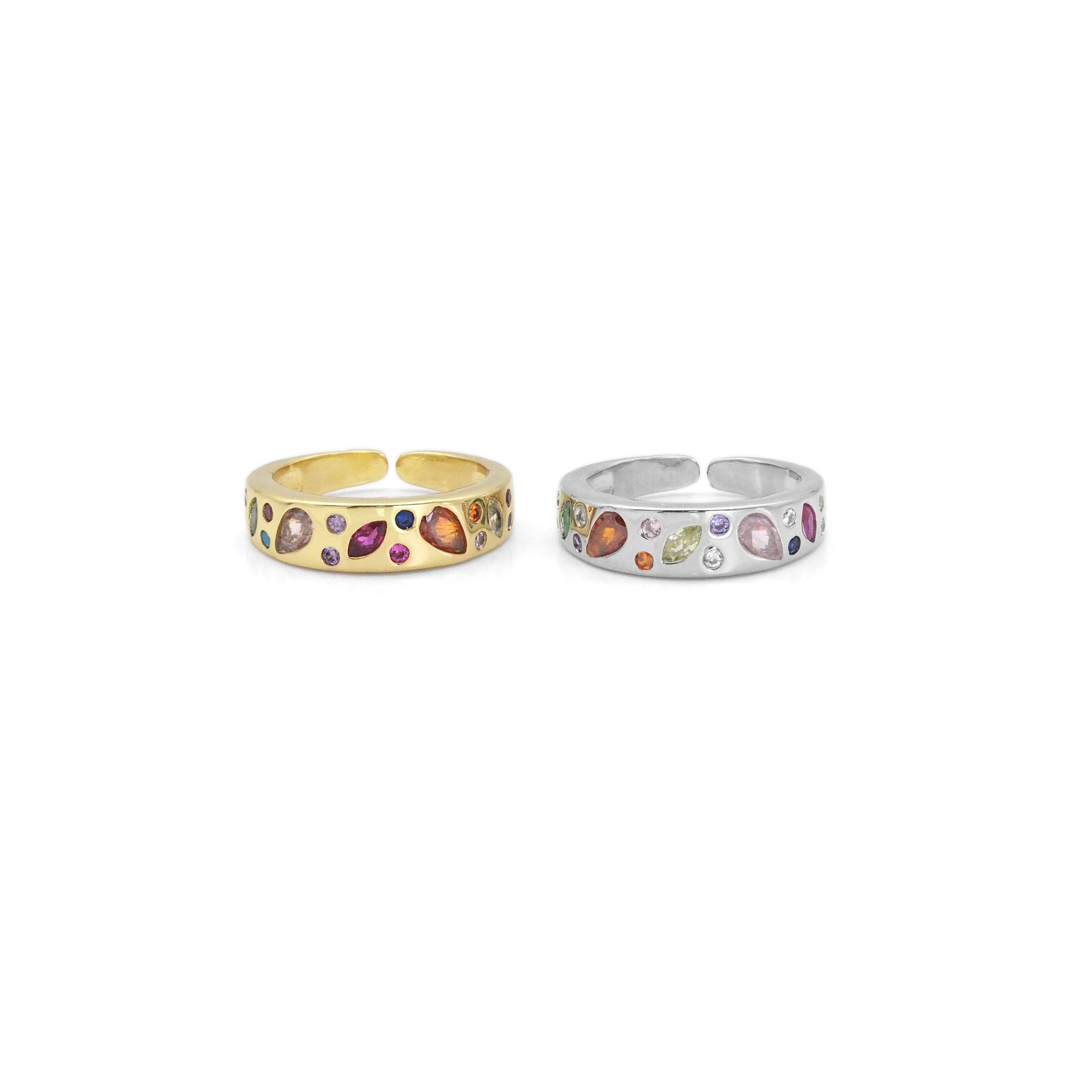 Gold Silver Multicolor Colorful CZ Adjustable Ring, Sku#B373