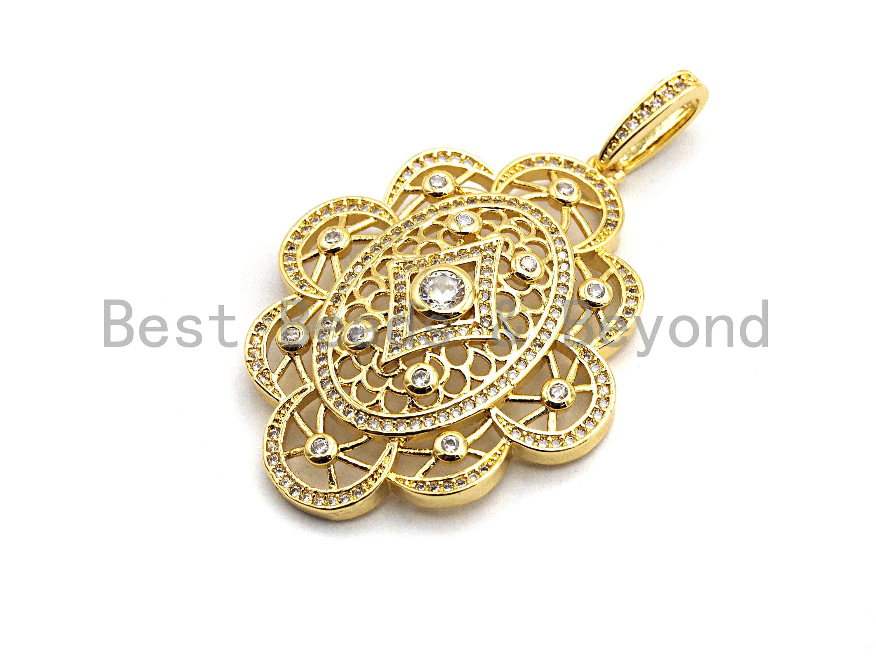 CZ Clear/Black Micro Pave Symmetric Filigree Flower Pendant, Gold/Rose Gold/Silver/Gunmetal plated, 34x45mm, Sku#F787