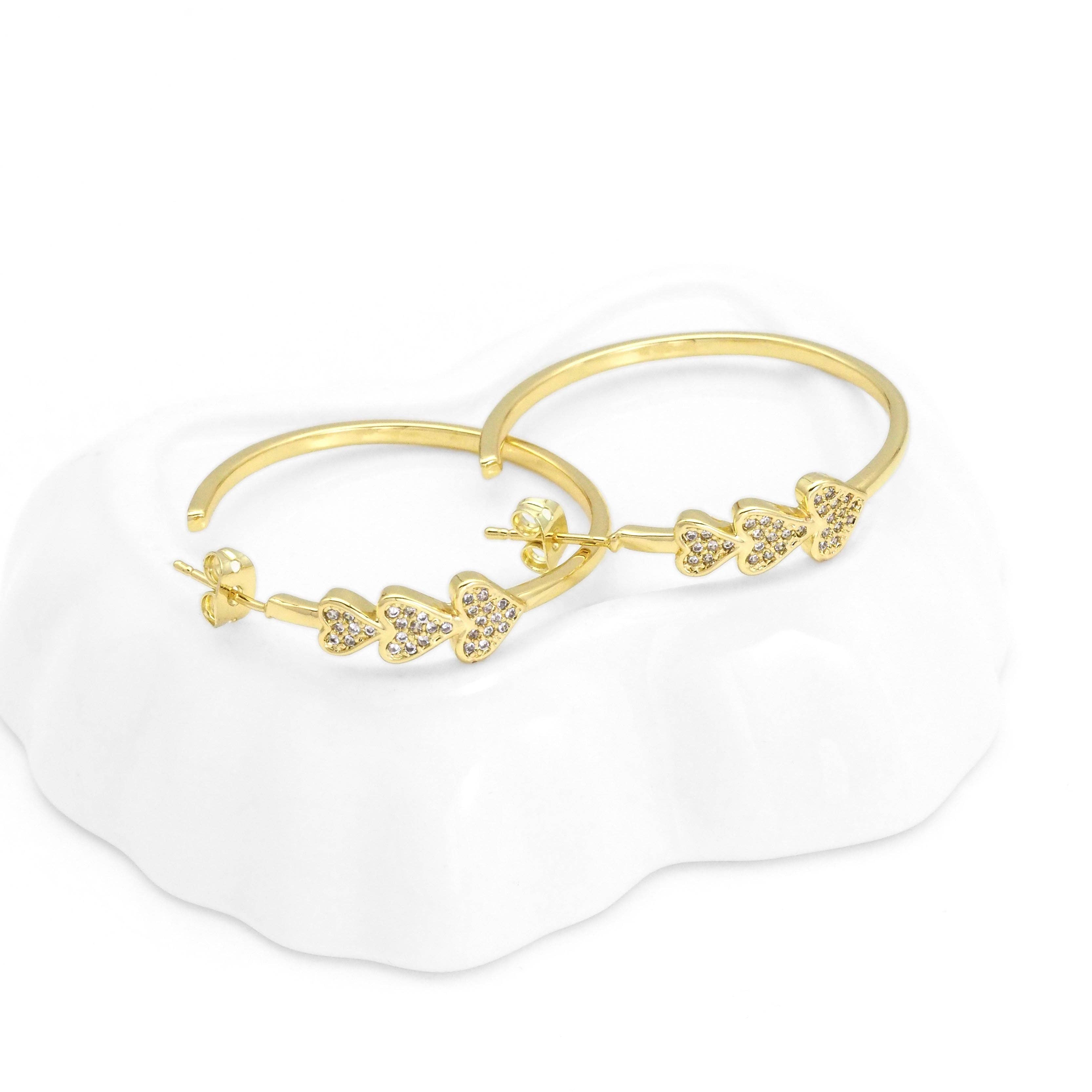 Clear CZ Gold Heart Hoop Earrings, Sku#LX257