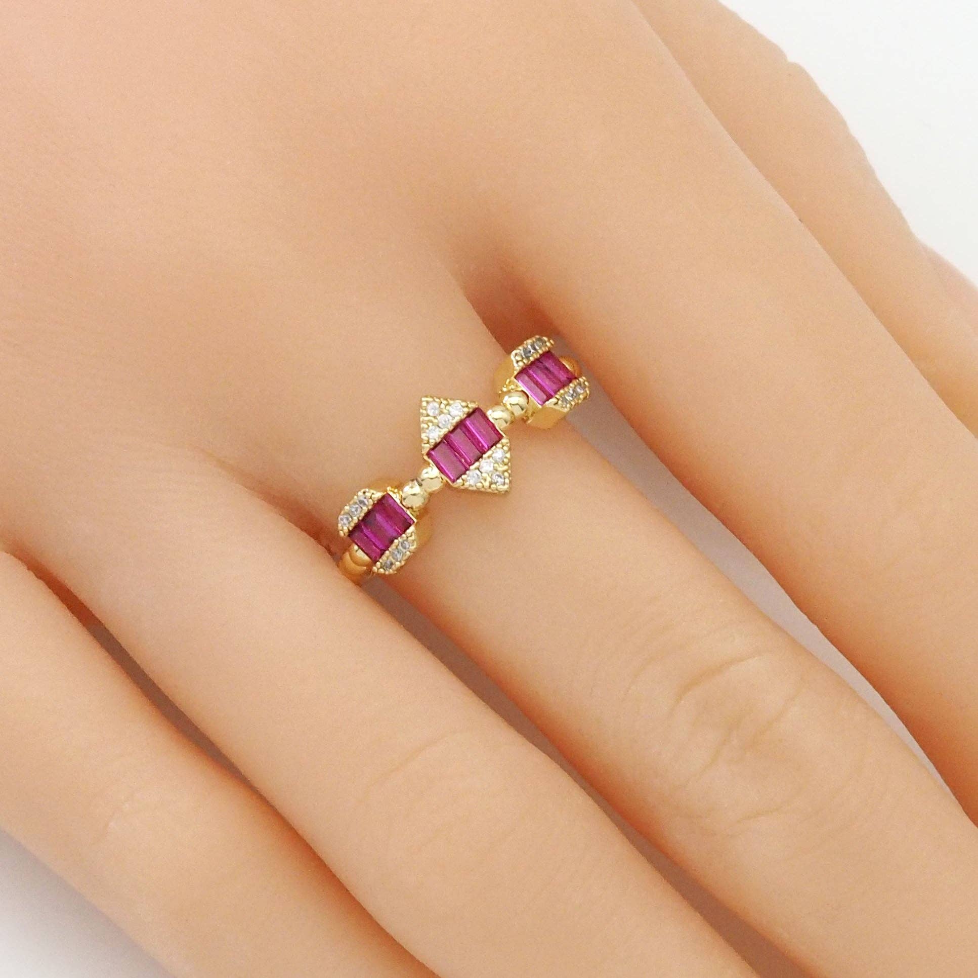 Gold Green Fuchsia Cobalt Blue CZ Double Point Adjustable Ring, Sku#LX324