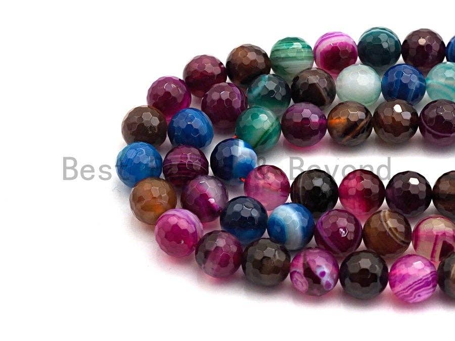 High Quality Faceted Colorful Banded Agate beads, 6mm/8mm/10mm/12mm Rainbow Agate Gemstone beads, 15.5inch strand, SKU#U454