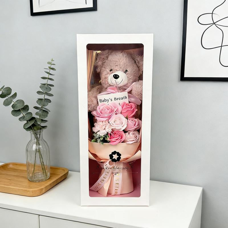 Preserved Rose Bouquet Flowers with Teddy Bear - Celebration, Anniversary, Birthday, Flower Arrangement, Flower Gift, Everlasting Rose, Flowers, for Women,Gift Mother'S Day, Gift Boxes