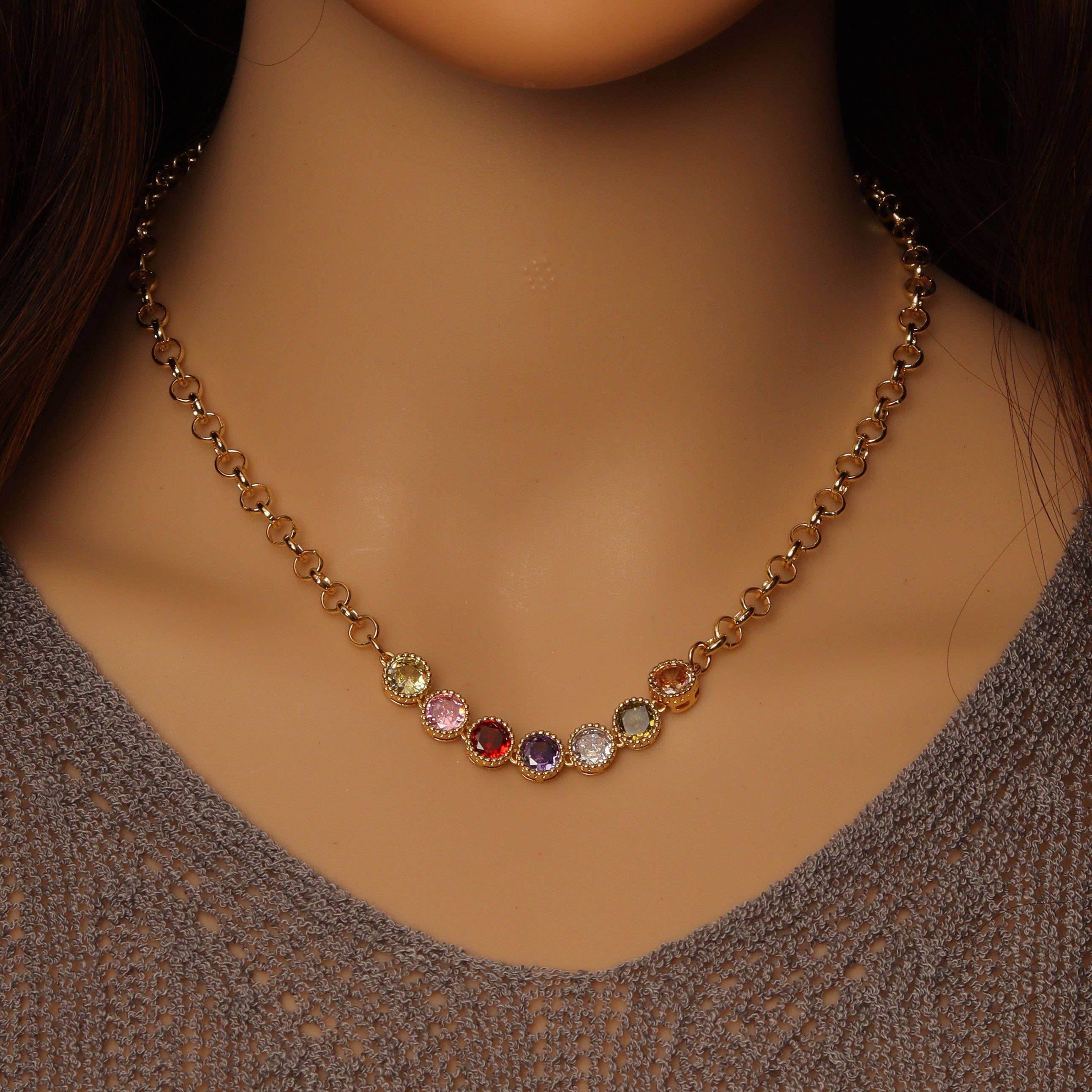 Rolo Link Round Colorful CZ Gold Chain Necklace, Sku#EF357