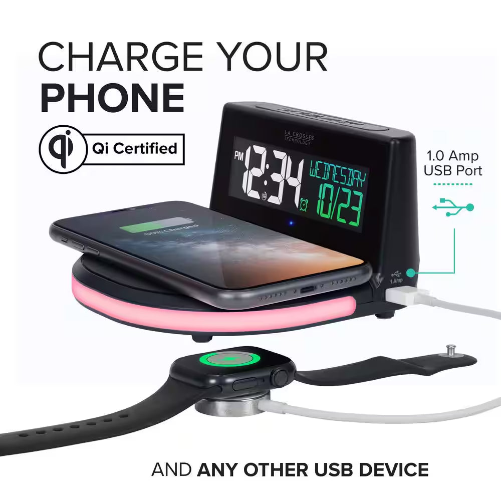 Qi-Certified Wireless Charging Alarm Clock with Glowing Light Base