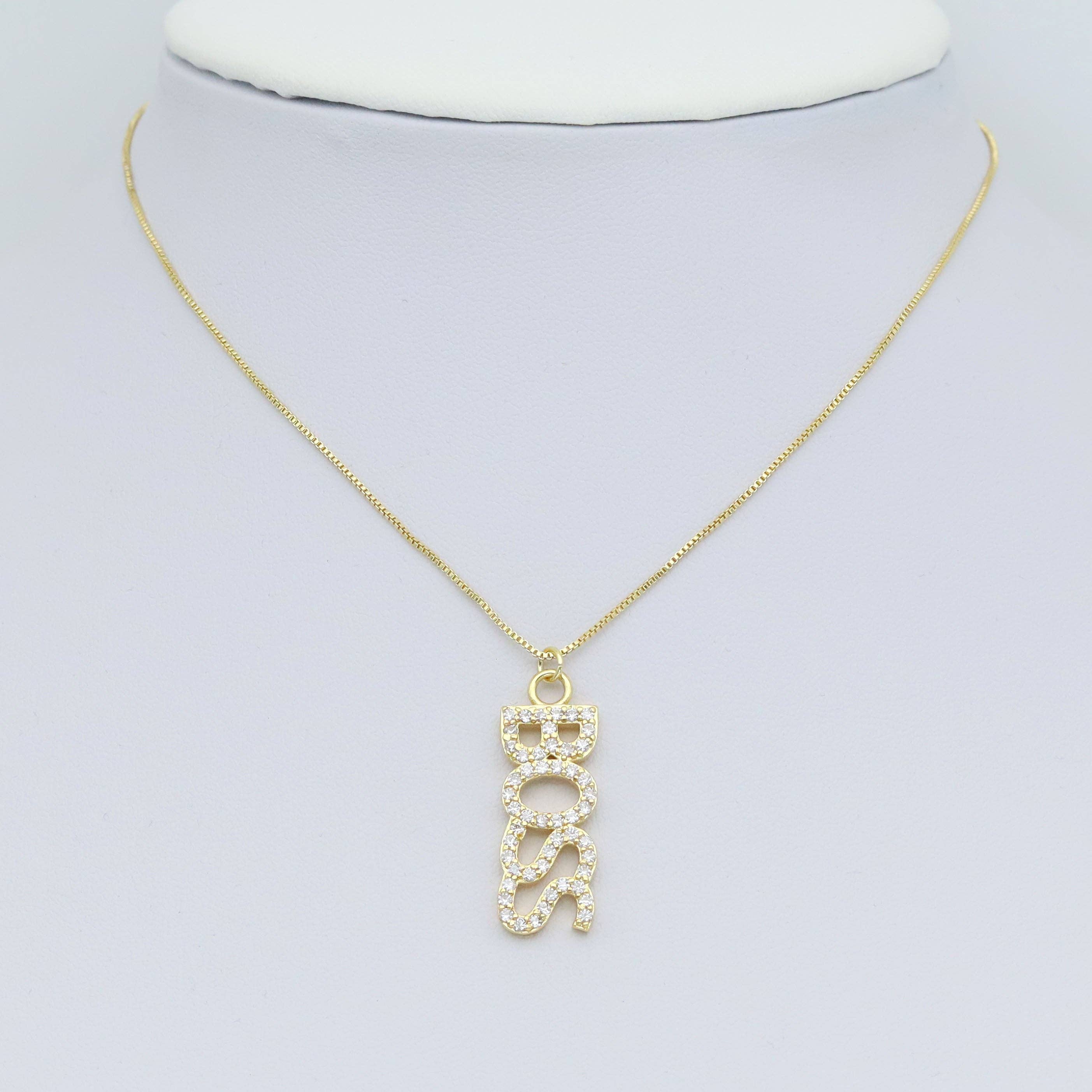 Gold Silver CZ Boss Word Charm Pendant, Sku#A359