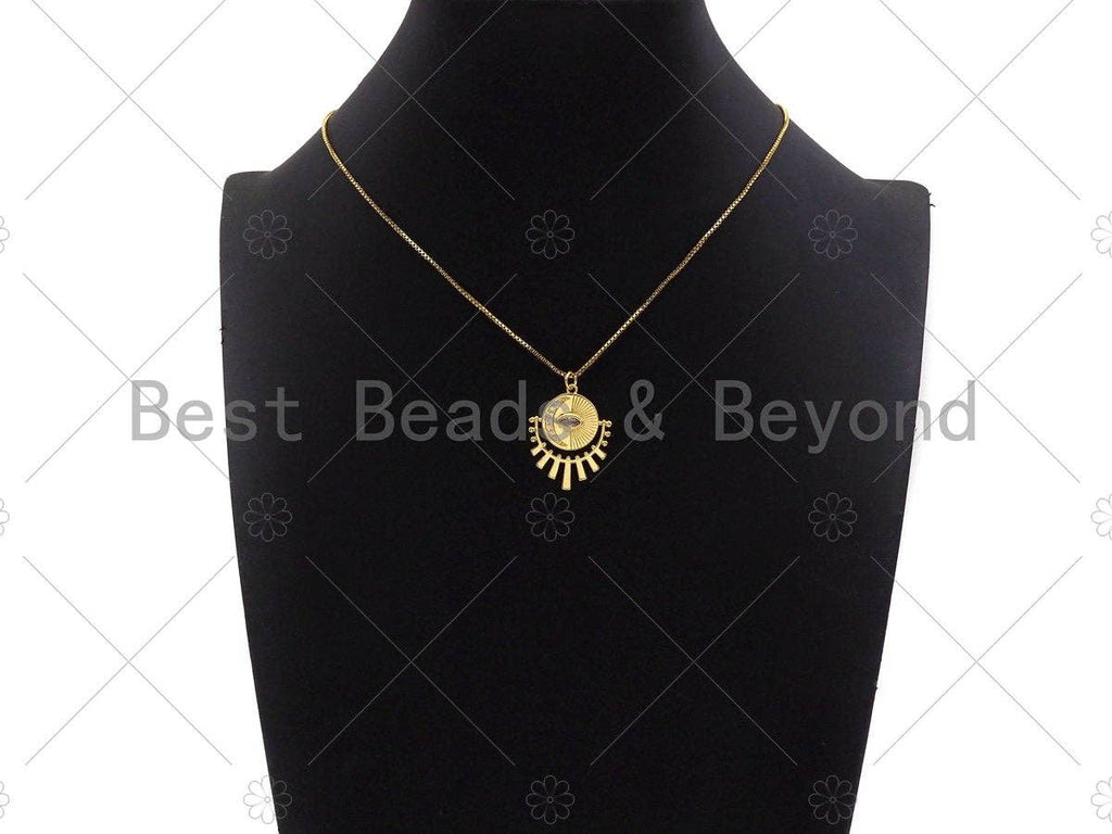 CZ Micro Pave Evil Eye Cresent Moon On Round Coin With Radial Pendant/Charm, Real Gold Plated Charm Pendant,22x27mm, Sku#L427