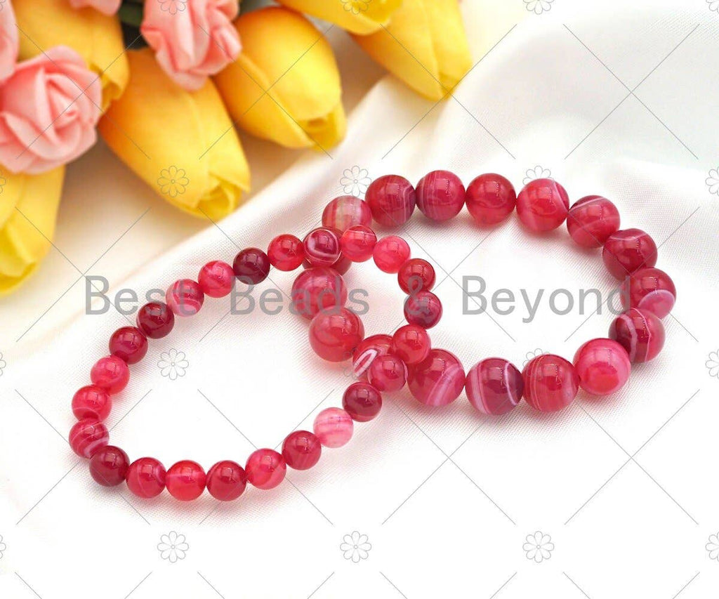 Natural Hot Pink Banded Agate Stretchy Bracelet. Sku#EF13