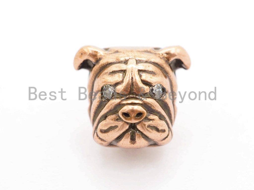 Antique Gold/Copper Bulldog Animal Head Bead, Animal Charm, CZ Pave Dog Spacer Beads, Men's Bracelet DIY, 13x11x11mm, sku#Y136