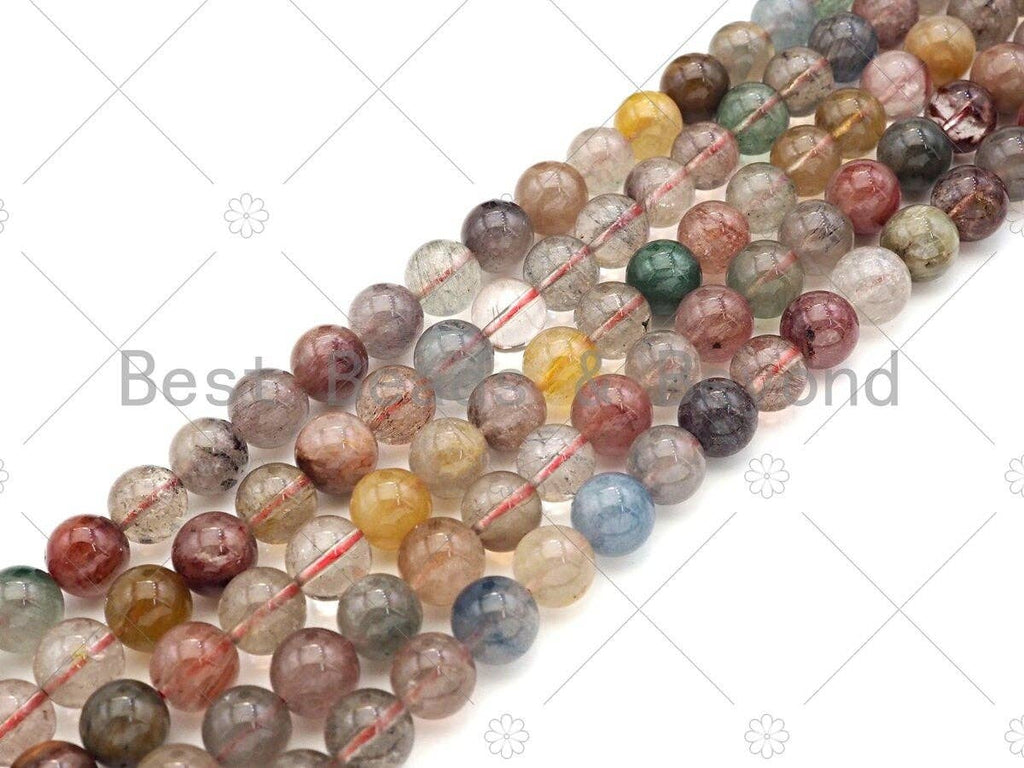 Quality Natural Multicolor Rutilated Quartz Smooth Round Beads, 6mm/8mm/10mm Genuine, Red Yellow Blue Matrix,15.5'' Full Strand, Sku#U1155