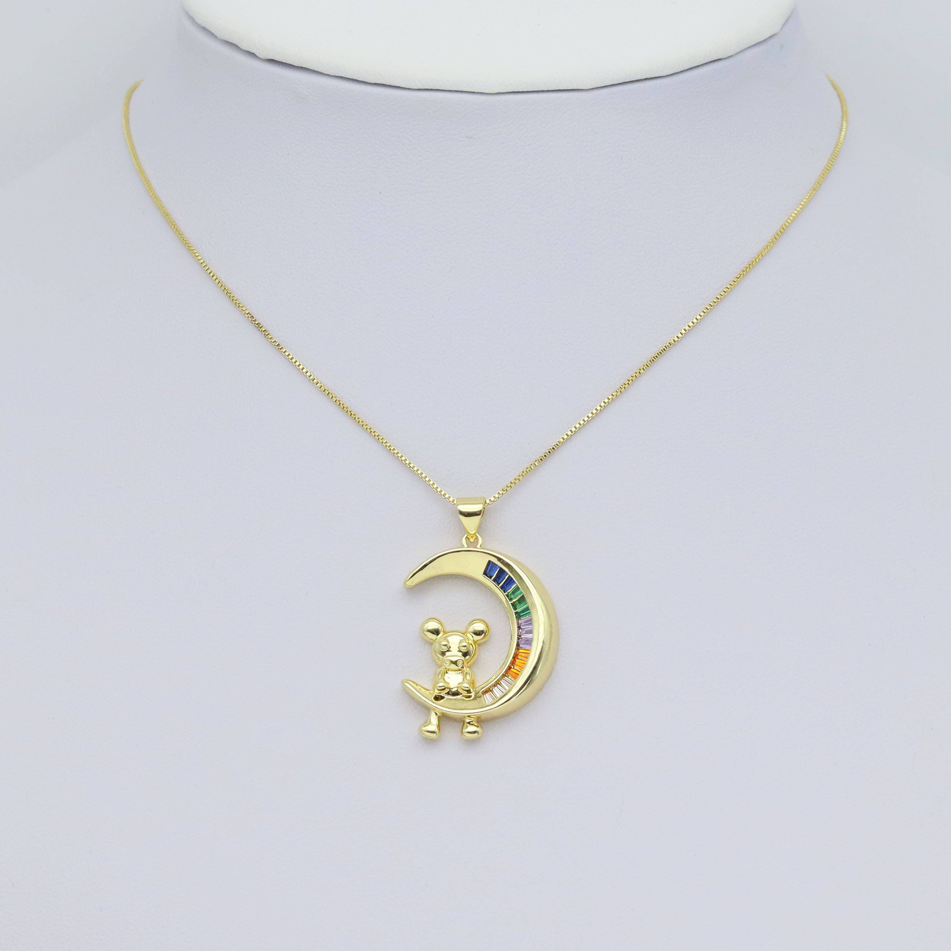 Baguette CZ Teddy Bear On Cresent Moon Pendant, Sku#LX629
