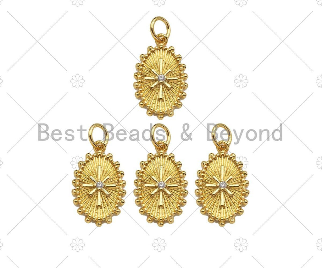 CZ Micro Pave North Star On Oval Shape Pendant,18k Dainty Gold Radial Medallion Charm, Necklace Bracelet Charm Pendant,11x18mm,Sku#Z1322