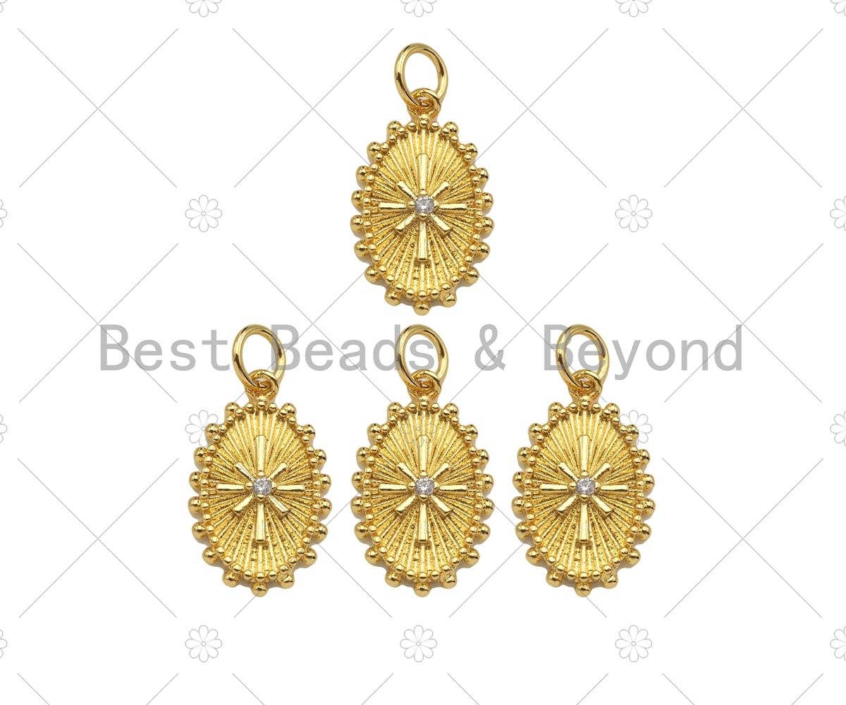 CZ Micro Pave North Star On Oval Shape Pendant,18k Dainty Gold Radial Medallion Charm, Necklace Bracelet Charm Pendant,11x18mm,Sku#Z1322