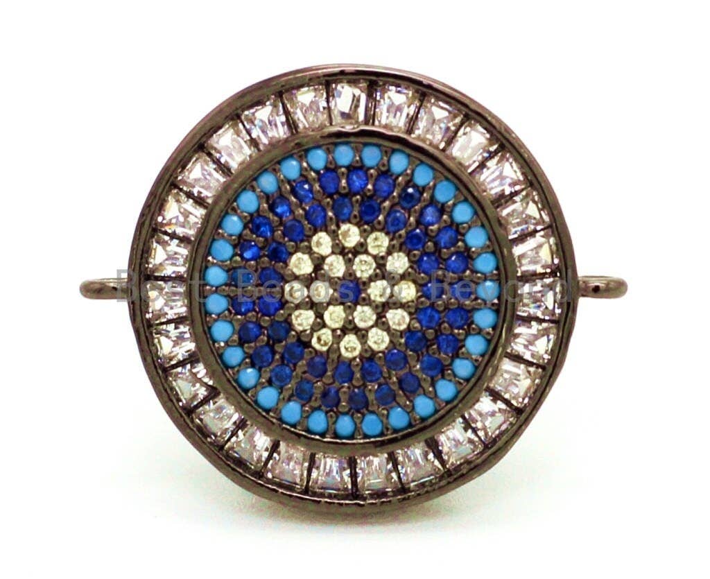 CZ Micro Pave Turquoise Cobalt Clear Crystal Round Coin Connector for Bracelet/Necklace, Cubic Zirconia Space Connector, 22mm, 1pc, sku#E17