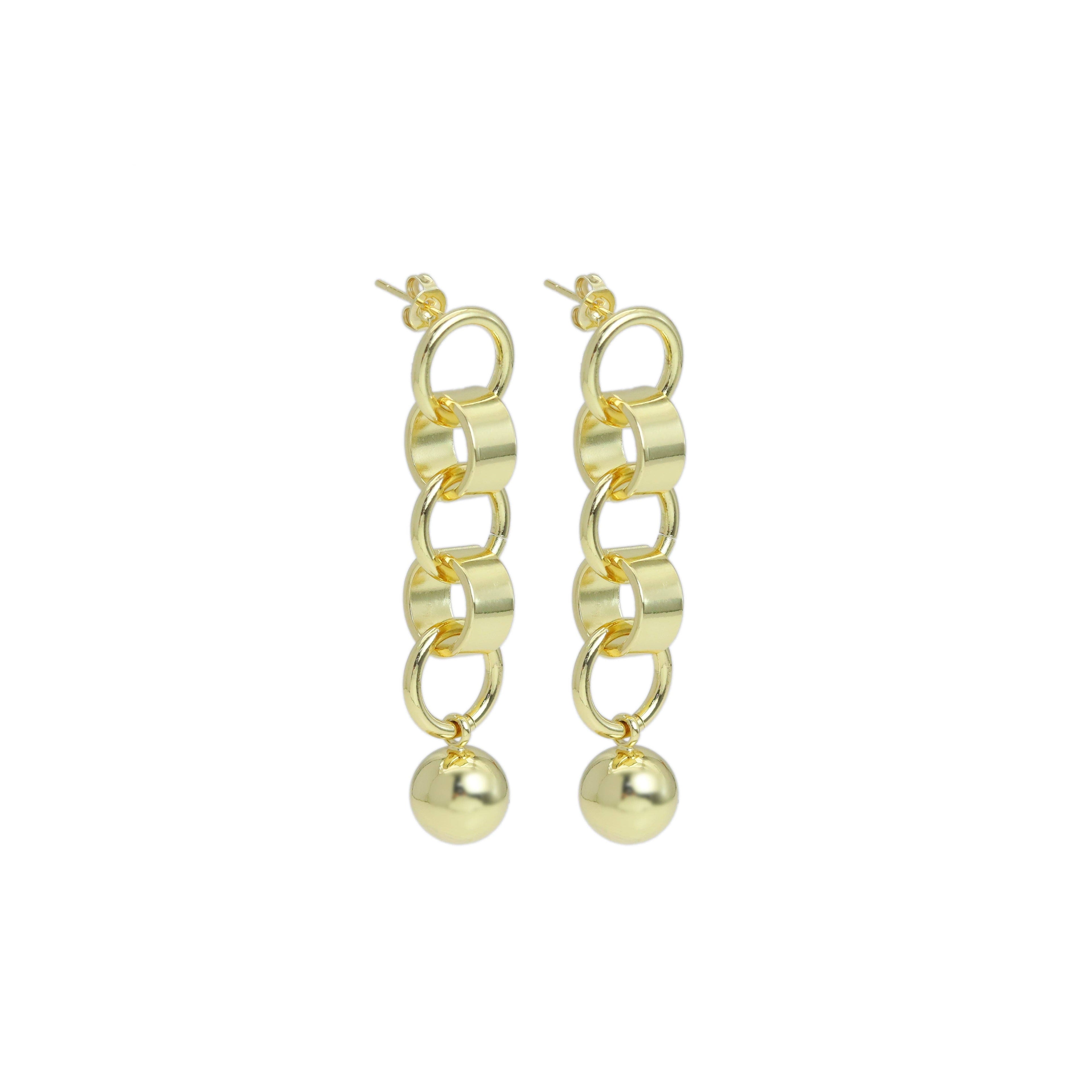 Shiny Gold Link Chain Ball Dangle Earrings, Sku#A275