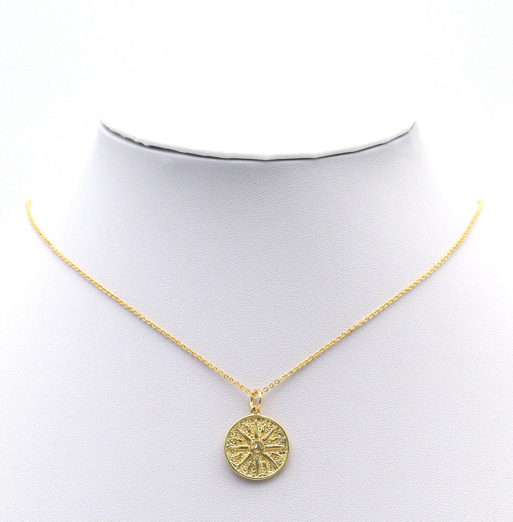 CZ Gold Flower Triangle Round Coin Charm, Sku#LX142